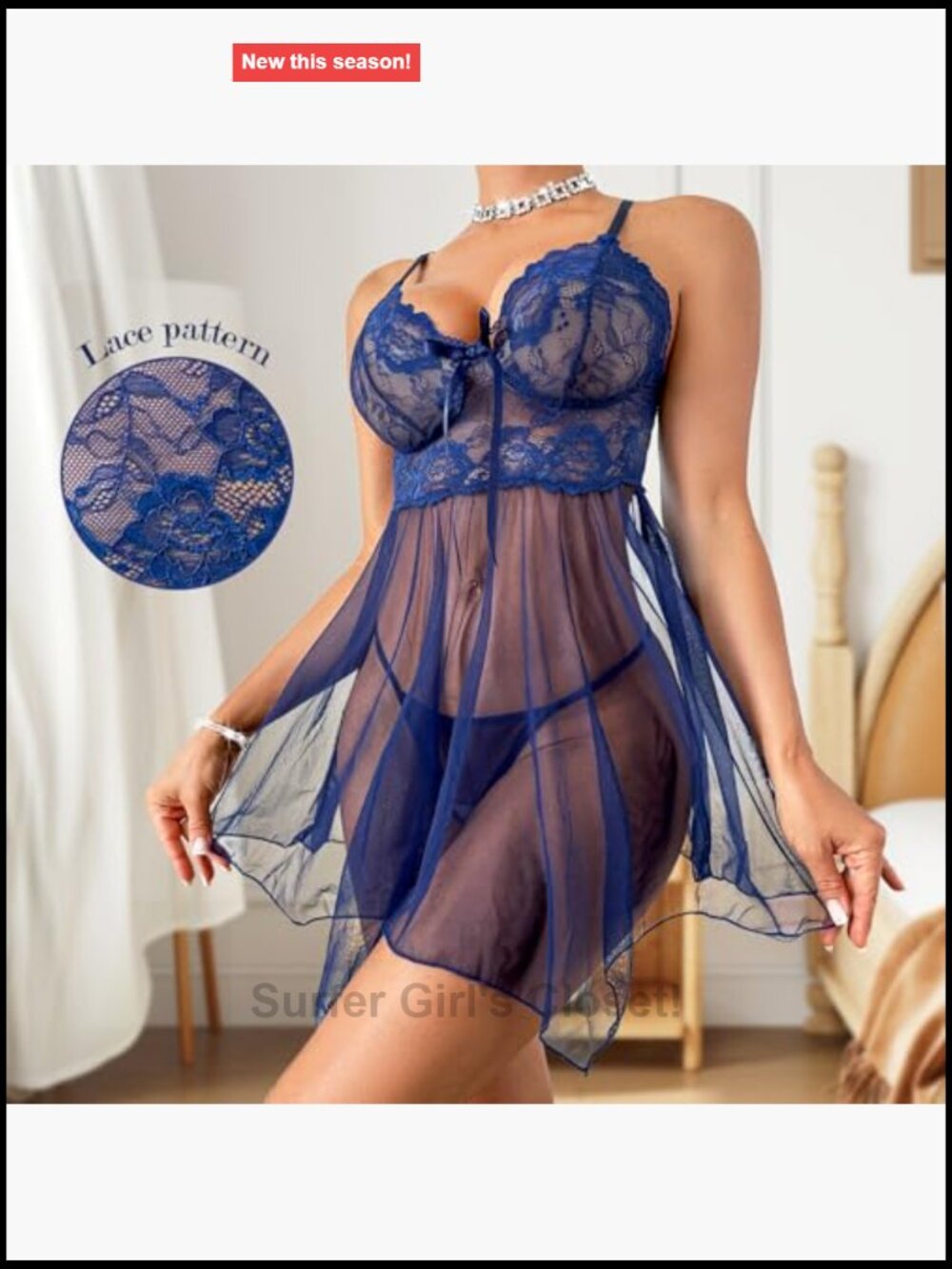 Lace Babydoll Dress Pajama Set with Thong Deep V Neck - Picture 3 of 7
